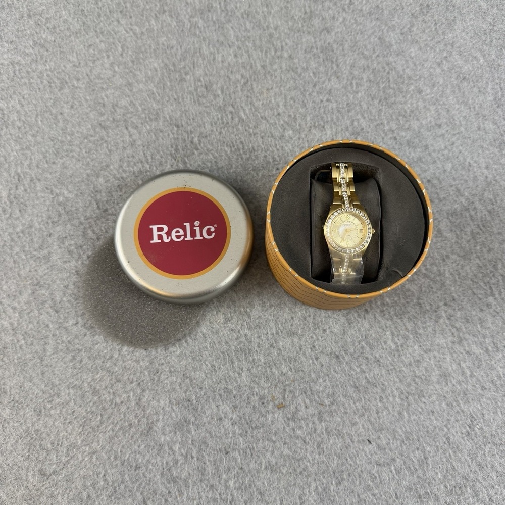 Relic ZR11778 Gold Tone Crystal Watch Parts Repair w/ Box Non Working PARTS ONLY